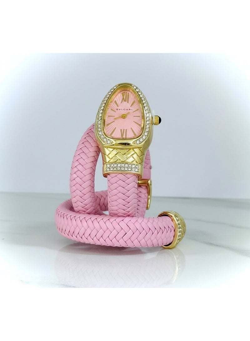 BVLGARI Serpenti Pink Leather Double-Wrap Watch with Diamond-Set Gold Case - Image 5